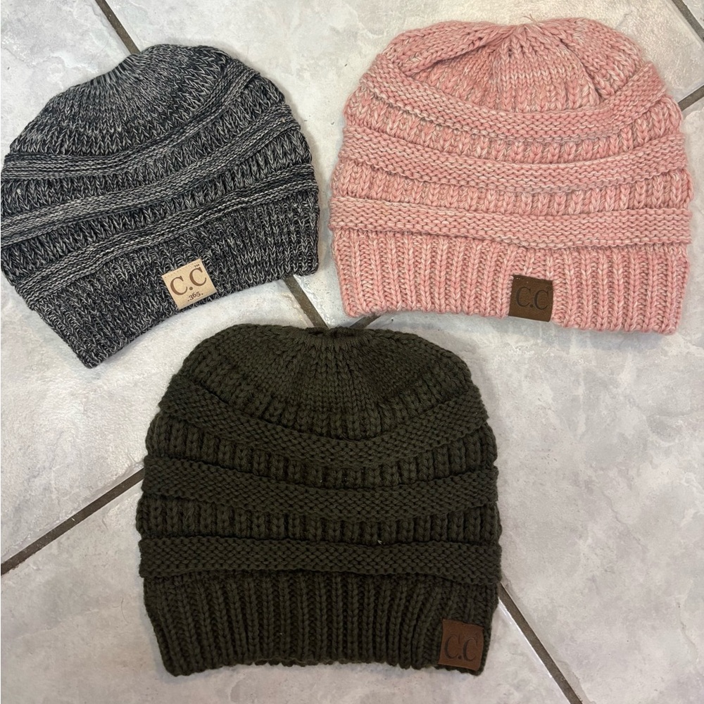 Set of 3 C.C women’s Knit Beanie Set - Pink, Gray, and Brown